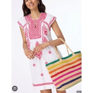 Roller Rabbit Faith Embroidered Mini Dress white pink Cotton Womans Medium EUC